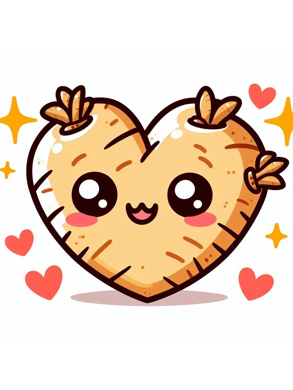 Thanksgiving love drawing ideas featuring a cute heart-shaped yam with big eyes, a smile, and surrounded by little hearts and sparkles.